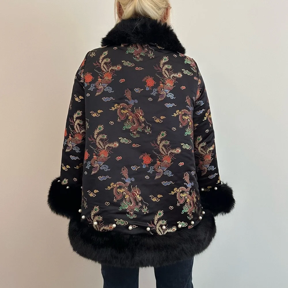 *SOLD* Vintage Oriental Satin Jacquard Cape Jacket w/ Pearl Beaded Faux Fur Trim - Picture 4 of 12